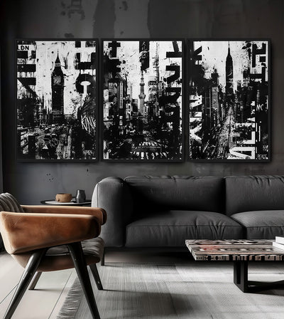 Metropolis Collection room mockup: three black-and-white city collages depicting London, New York and Tokyo, shown above a sofa.