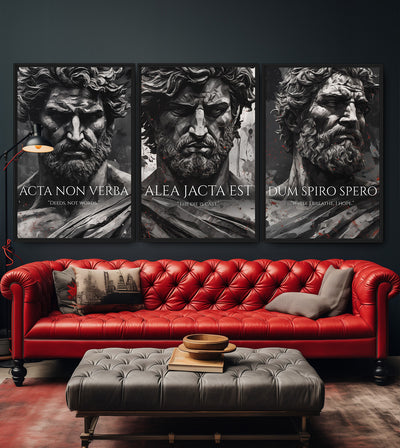 Echoes of the Empire Collection room mockup: three monochrome bearded classical portraits with Latin mottoes and small red accents, shown above a red sofa.