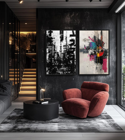 Metropolitan Madness Bundle room mockup: two artworks pairing a monochrome Tokyo collage with pink, turquoise and orange abstraction, shown beside a red lounge chair.