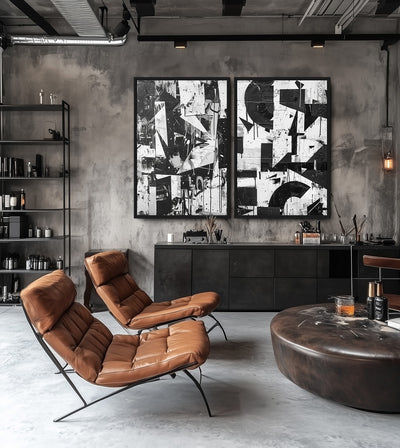 Urban Noir Bundle room mockup: two black-and-white geometric collage artworks, shown above a cabinet behind two brown chairs.