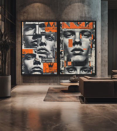 Fragments of Man Bundle room mockup: two monochrome male-face collages with orange graphic blocks, shown on a tall concrete living-room wall.