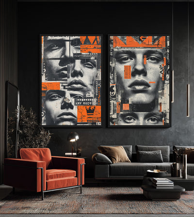 Fragments of Man Bundle room mockup: two monochrome male-face collages with orange graphic blocks, shown above a grey sofa beside a red chair.