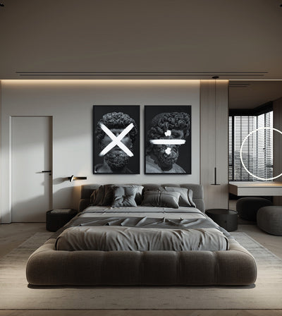 Product & Quotient Bundle room mockup: two monochrome classical heads with white multiplication and division signs, shown above a bed.