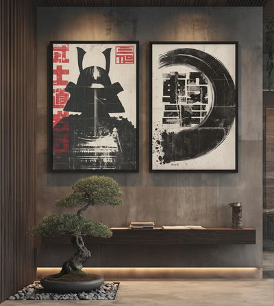 Silent Ronin Bundle room mockup: two beige artworks pairing black samurai armor and red lettering with a circular black brushstroke, shown above a low bench beside a bonsai.