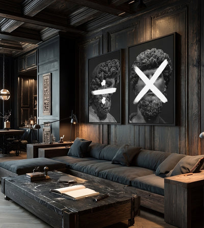 Product & Quotient Bundle room mockup: two monochrome classical heads with white multiplication and division signs, shown above a sofa in a wood-paneled room.