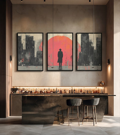 Empire of Ash Collection room mockup: three textured city artworks with a hat-wearing figure against a coral circle in the center, shown above a home bar.