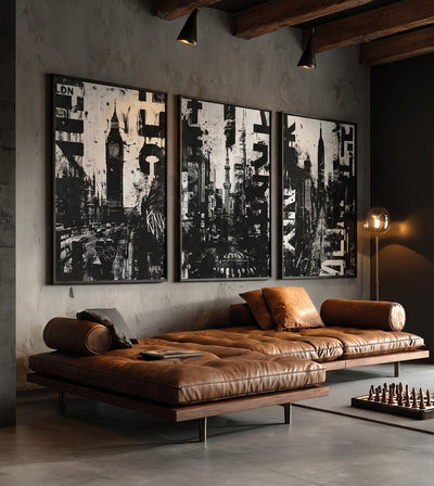 Metropolis Collection room mockup: three black-and-white city collages depicting London, New York and Tokyo, shown above a brown leather daybed.