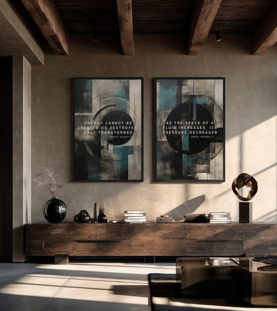 Thermodynamics Bundle room mockup: two teal, cream and black geometric artworks with energy and fluid-pressure quotations, shown above a long wooden cabinet.