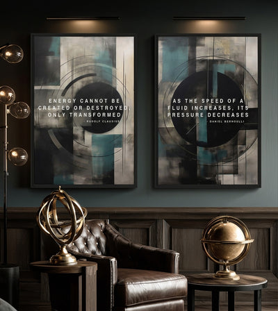 Thermodynamics Bundle room mockup: two teal, cream and black geometric artworks with energy and fluid-pressure quotations, shown above a leather chair and globe.