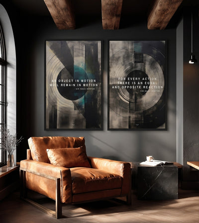 Newton's Laws Bundle room mockup: two teal, cream and black geometric artworks with Newton law quotations, shown above a brown leather armchair.