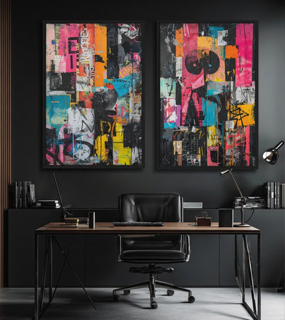 Urban Vibrance Bundle room mockup: two brightly colored collage artworks with pink, orange, turquoise and black shapes, shown above an office desk.