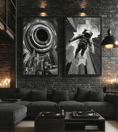 The METHOD Bundle room mockup: two black-and-white surreal city artworks with a floating astronaut and a circular mechanical opening, shown above a dark sofa on a brick wall.