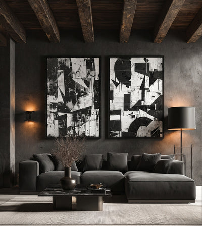 Urban Noir Bundle room mockup: two black-and-white geometric collage artworks, shown above a dark sofa beneath timber beams.