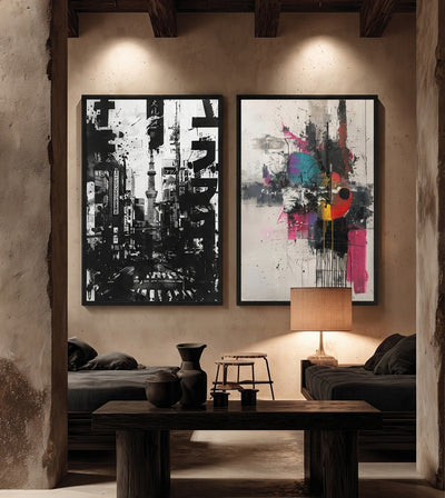 Metropolitan Madness Bundle room mockup: two artworks pairing a monochrome Tokyo collage with pink, turquoise and orange abstraction, shown above seating beneath timber beams.