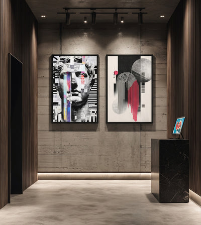 Genesis & Design Bundle room mockup: two artworks pairing a fragmented classical face with black, grey and red geometric lines, shown on a hallway wall.