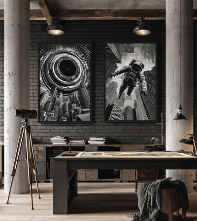 The METHOD Bundle room mockup: two black-and-white surreal city artworks with a floating astronaut and a circular mechanical opening, shown above a wooden desk.