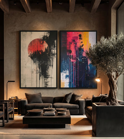 Moonlit Sunset Bundle room mockup: two abstract artworks pairing a red circle on beige with vivid pink, yellow and blue marks, shown above a sofa beside an indoor tree.