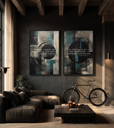 Thermodynamics Bundle room mockup: two teal, cream and black geometric artworks with energy and fluid-pressure quotations, shown above a sofa beside a bicycle.