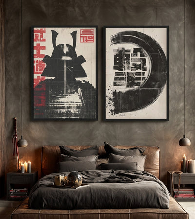 Silent Ronin Bundle room mockup: two beige artworks pairing black samurai armor and red lettering with a circular black brushstroke, shown above a bed.
