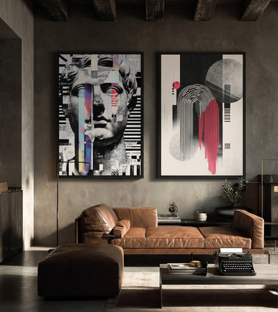 Genesis & Design Bundle room mockup: two artworks pairing a fragmented classical face with black, grey and red geometric lines, shown above a brown leather sofa.