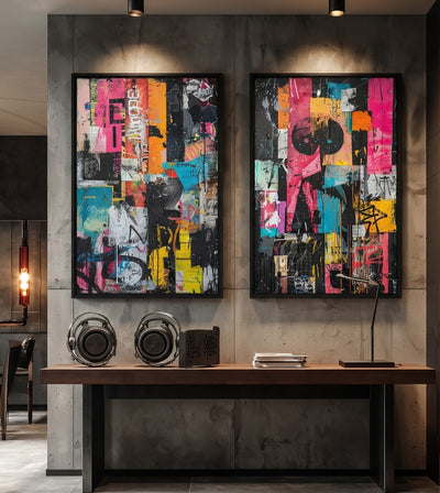 Urban Vibrance Bundle room mockup: two brightly colored collage artworks with pink, orange, turquoise and black shapes, shown above a wooden table.