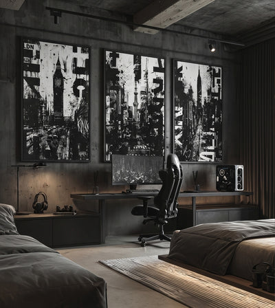 Metropolis Collection room mockup: three black-and-white city collages depicting London, New York and Tokyo, shown above a desk in a dark bedroom.