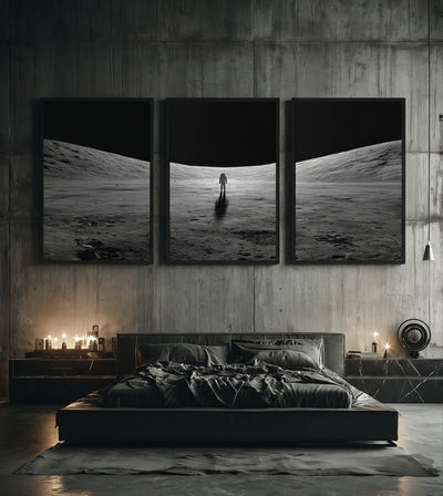 Into the Silence Collection room mockup: three monochrome lunar landscapes with a solitary astronaut in the center panel, shown above a dark bed.