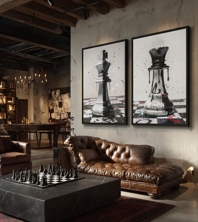 King & Queen Bundle room mockup: two chess artworks showing a split black-and-white king and a paint-marked queen, shown above a leather sofa and chess table.