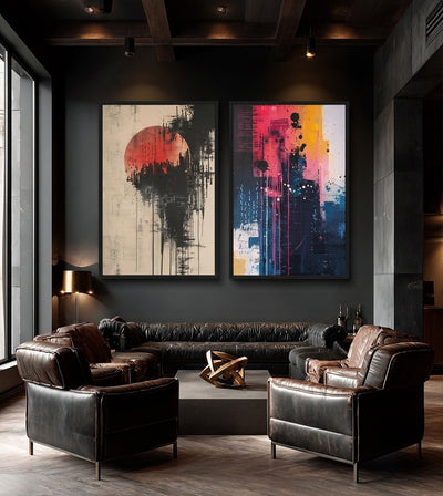 Moonlit Sunset Bundle room mockup: two abstract artworks pairing a red circle on beige with vivid pink, yellow and blue marks, shown above leather seating.