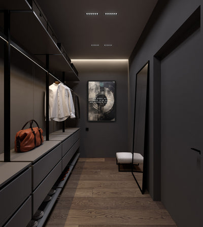 Newton's 3rd Law room mockup: dark concentric circles with the words FOR EVERY ACTION THERE IS AN EQUAL AND OPPOSITE REACTION, shown at the end of a dressing room.