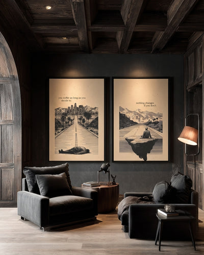 Quiet Fight Bundle room mockup: two beige illustrated road scenes with solitary figures and quotations about suffering and change, shown behind two lounge chairs.