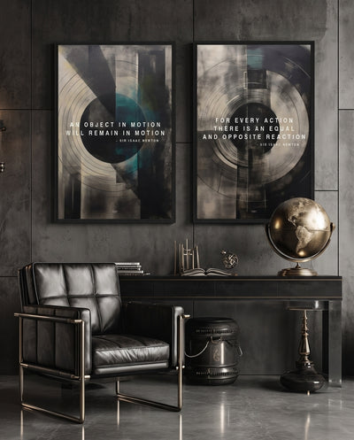 Newton's Laws Bundle room mockup: two teal, cream and black geometric artworks with Newton law quotations, shown above a desk and globe.