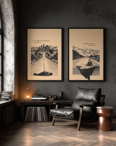 Quiet Fight Bundle room mockup: two beige illustrated road scenes with solitary figures and quotations about suffering and change, shown above record shelving and a black chair.