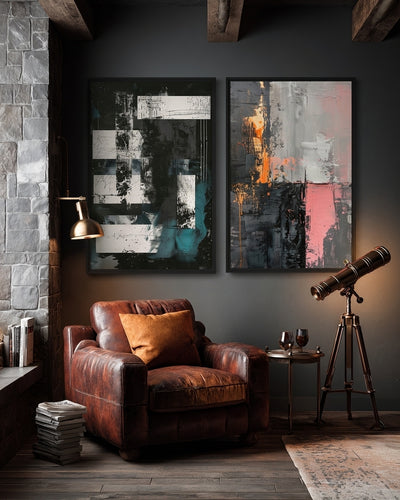 Dusk to Dawn Bundle room mockup: two abstract artworks contrasting black, white and turquoise with pink, grey and orange, shown above a leather chair beside a telescope.
