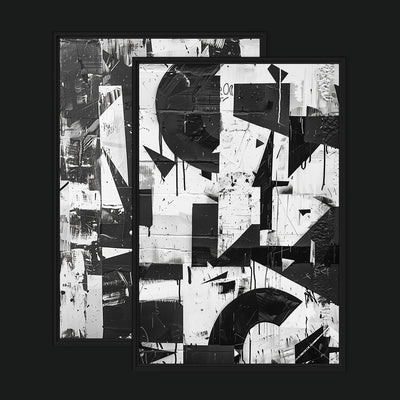 Urban Noir Bundle framed artwork view: two black-and-white geometric collage artworks.