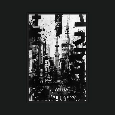 Tokyo framed artwork view: a black-and-white Tokyo street collage with signs and a tall tower.