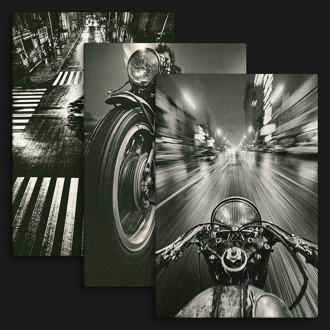 Built to Vanish three-piece black and white motorcycle canvas wall art set with Grip, Rush and Trace