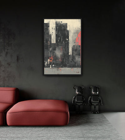 The Left Hand room mockup: dark block-like city towers on cream with a partial coral circle at the right edge, shown above a red chaise.