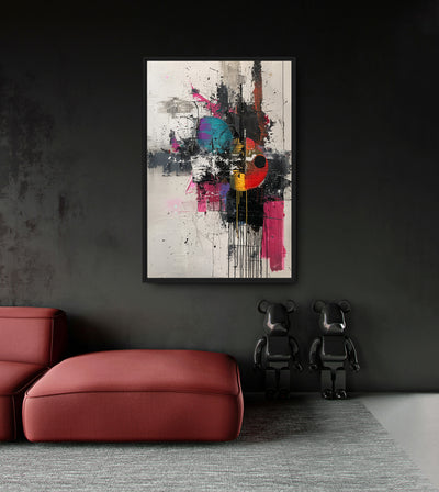 Rhythm of the Night room mockup: pink, turquoise and orange abstract shapes with black paint drips on cream, shown above a red chaise.