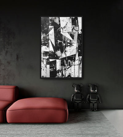 Shadows of the Past room mockup: sharp black-and-white collage fragments and drips, shown above a red chaise.