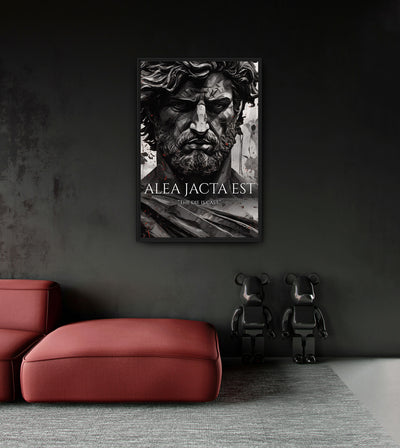 The Die Is Cast room mockup: a monochrome bearded classical figure with ALEA IACTA EST lettering, shown above a red chaise.