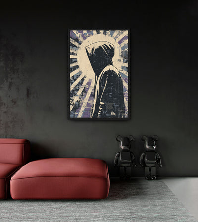 The Prophet room mockup: a dark hooded figure surrounded by pale radiating stripes with muted purple accents, shown above a red chaise.