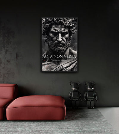 Deeds, Not Words room mockup: a monochrome bearded classical figure with ACTA NON VERBA and DEEDS, NOT WORDS lettering, shown above a red chaise.