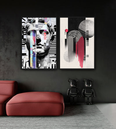 Genesis & Design Bundle room mockup: two artworks pairing a fragmented classical face with black, grey and red geometric lines, shown above a red chaise.