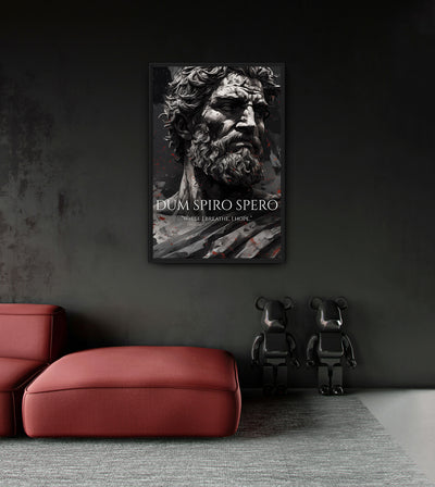 While I Breathe, I Hope room mockup: a monochrome bearded classical figure with DUM SPIRO SPERO and WHILE I BREATHE, I HOPE lettering, shown above a red chaise.