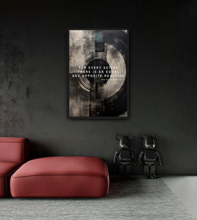 Newton's 3rd Law room mockup: dark concentric circles with the words FOR EVERY ACTION THERE IS AN EQUAL AND OPPOSITE REACTION, shown above a red chaise.