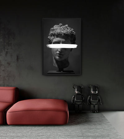 Subtraction room mockup: monochrome classical head with a white bar across the eyes, shown on a dark wall.