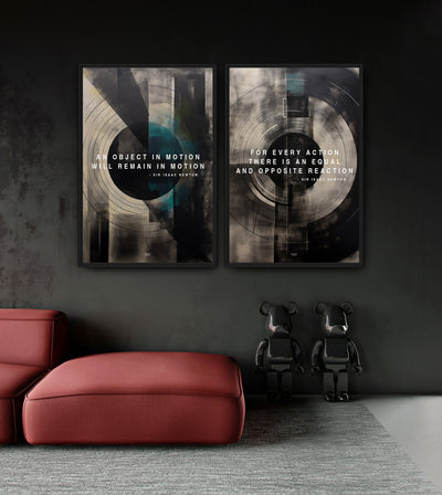 Newton's Laws Bundle room mockup: two teal, cream and black geometric artworks with Newton law quotations, shown above a red chaise.