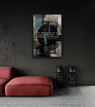 Bernoulli's Principle room mockup: teal and cream circular geometry with the words AS THE SPEED OF A FLUID INCREASES, ITS PRESSURE DECREASES, shown above a red chaise.
