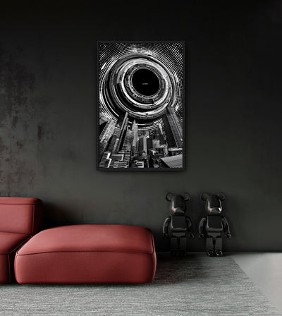 EXAMINE room mockup: a black-and-white circular mechanical opening above a distorted city skyline and halftone dots, shown above a red chaise.